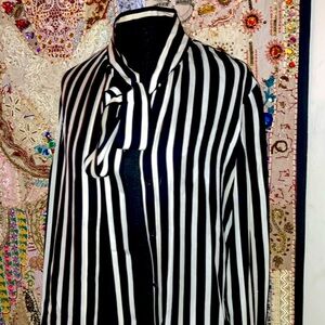 100% Silk long neck tie attached to blouse pinstriped 6 buttons closure